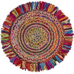 a round rug with multicolored fringes on the top and bottom in different colors