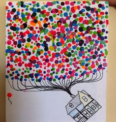 a drawing of a house on a tree with multicolored dots