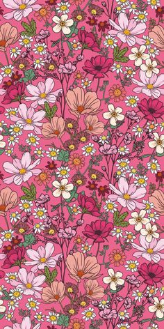 a pink background with lots of flowers on it