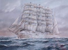 an oil painting of a sailing ship in rough seas