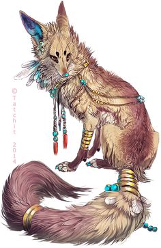 a drawing of a cat with feathers and beads on it's tail, sitting down