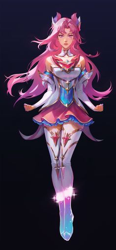 an anime character with long pink hair and blue eyes, wearing a costume that looks like she