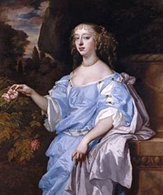 a painting of a woman holding a flower in her right hand and wearing a blue dress