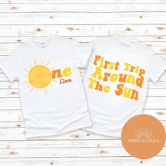 You will love this first trip around the sun theme shirt! It will make for the perfect outfit for your littles ones special day! Please type in the box what you would like the custom words to say, for example (Mama, daddy, dad, aunt, brother, or One with your little ones name!) Sun Theme Birthday, 1st Trip Around The Sun, Sun Theme, Matching Birthday Shirts, Here Comes The Son, Birthday Party Outfit, First Trip Around The Sun, Birthday Party Outfits, Theme Birthday Party