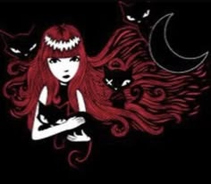 a woman with long red hair holding a black cat in front of a full moon