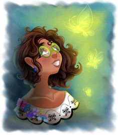 a digital painting of a woman with glasses and butterflies in the sky above her head