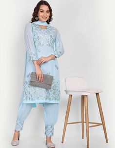 Designer Party Wear Readymade Salwar Suit Sky Blue Georgette Pant Straight Front View Sky Blue Dupatta, Blue Dupatta, Designer Embroidery, Georgette Dupatta, Indian Salwar Kameez, Salwar Kameez Online, Pink Bottom, Indian Suits, Salwar Kameez Designs