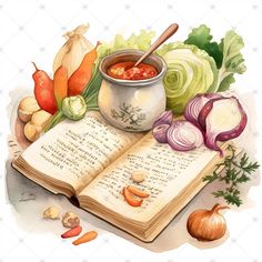 an open book with soup and vegetables on it