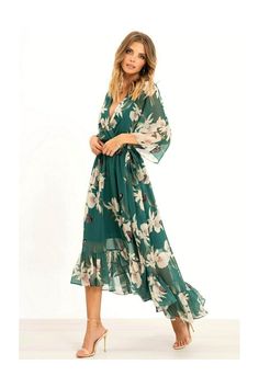 Floral Print Green Kimono Midi Wrap Dress Spring Dresses With Kimono Sleeves, Spring Dresses With Flowy Kimono Sleeves, Flowy Spring Dresses With Kimono Sleeves, Spring Flowy Dresses With Kimono Sleeves, Spring Dresses With Flowy Fit And Kimono Sleeves, Flowy Dress With Kimono Sleeves For Brunch, Green Kimono Sleeve Dress For Spring, Chic Dresses With Flowy Kimono Sleeves, Chic Flowy Dress With Kimono Sleeves