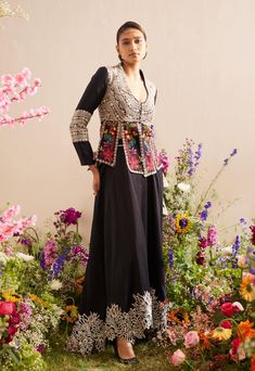 Editor's Note Featuring a black chanderi contrast cordwork and beadwork panelled jacket Note: Lehenga worn by model is for styling purposes and can be purchased separately. Color: Black Fabric:... Diwali Outfit, Resort Party, Punjabi Suit Boutique, Black Flare Skirt, Panel Jacket, Lehenga Designs Simple, Lehenga Skirt, Unique Blouse, Pattern Embroidery