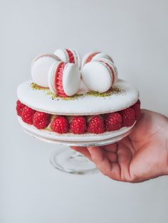 a person holding a cake with raspberries on top and marshmallows