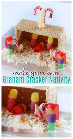 the homemade graham cracker nativity is made with candy and marshmallows