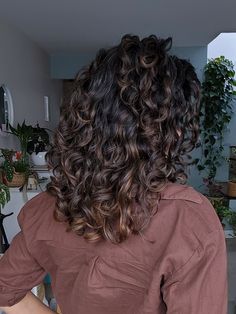 Curly Hair Balayage Black, Dark Curly Hair With Light Brown Highlights, Dark Curly Hair With Brown Highlights, Lowlights For Black Hair Curly, Dark Curly Hair With Caramel Highlights, Brown Curly Hair Boliage, Brown Balayage On Black Curly Hair, Black Brown Balayage Curly Hair