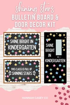 the shining stars bulletin board and door decor kit is shown in black, pink, and white