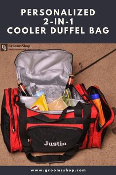 the personalized cooler duffel bag is packed and ready for someone to pack in