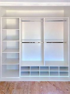 an empty room with white shelving and wooden flooring is displayed on the instagram page