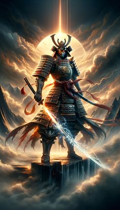 a man in armor holding two swords on top of a cloud covered mountain with lightning