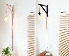 two pictures of the same light fixture in different rooms, one is turned on and the other has an electrical cord attached to it