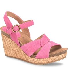 Clarissa | Sofft Shoe Summer Suede Sandals With Arch Support, Summer Suede Sandals With Woven Sole, Suede Wedge Sandals With Cushioned Footbed For Spring, Woven Leather Wedge Sandals For Summer, Spring Woven Leather Wedge Sandals, Spring Open Toe Woven Leather Wedge Sandals, Spring Woven Leather Sandals With Wedge Heel, Spring Suede Wedge Sandals With Heel Strap, Spring Suede Wedge Sandals