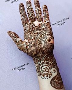 a hand with henna designs on it and instructions for how to apply the henna