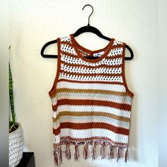 Sam Edelman Striped Crotchet Tank With Tassels. Keyhole Back. This Brown And Cream Knit Goes With Any Outfit As A Neutral Colored Statement Piece! Perfect For Summer. Never Worn But Missing Tags. Fall Crochet Trim Tops For Day Out, Trendy White Top With Crochet Trim, Trendy White Tops With Crochet Trim, Fall Sleeveless Crochet Top With Crochet Trim, Casual Crochet Trim Knit Top For Fall, Casual Knit Top With Crochet Trim For Fall, Sleeveless Crochet Top With Crochet Trim For Fall, Sleeveless Crochet Lace Top For Fall, Fall Crochet Top For A Day Out