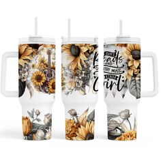 three travel mugs with sunflowers on them