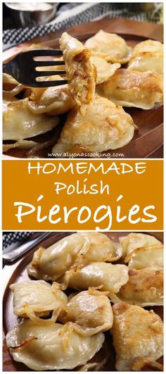 homemade polish pierogies on a plate with a fork in it and the words homemade polish pierogies above them