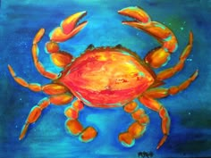 a painting of a crab on a blue background