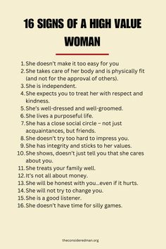 a woman's sign that says, 16 signs of a high value woman