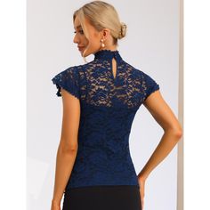 A semi-sheer top featuring an allover floral lace design, round neck, ruffle Sleeve. Great for simple fashion pants or skirts. Pair this sheer lace top with a cami top or tank top. Perfectly match with heels and a clutch bag for an elegant style. The lace blouse can show off your charming side in your daily wear. In its charming design, this top can be a good choice for the upcoming season. Elegant Non-stretch Lace Top For Spring, Fitted Scalloped Lace Short Sleeve Blouse, Elegant Blue Top With Lace Collar, Non-stretch Lace Top With Lace Trim, Fitted Blue Lace Top, Blue Fitted Lace Top, Spring Tops With Scalloped Lace For Night Out, Elegant Blue Blouse With Lace Collar, Elegant Blue Lace Top