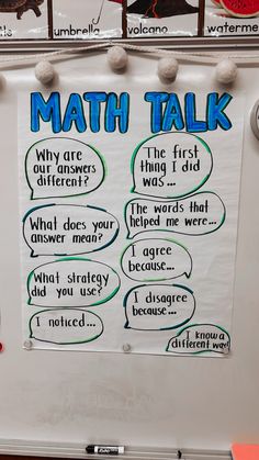 a bulletin board with words and pictures on it that say, math talk what are the answers?