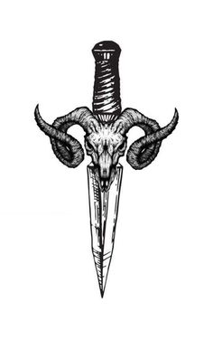 an ink drawing of a ram head with a knife