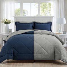 two pictures of a bed with blue and grey comforters