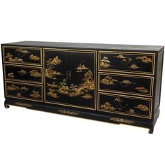 null This exquisitely lacquered wooden cabinet features stunning details that will stand out beautifully in any room. Built-in a small, family-owned artisans' collective in Guangzhou, this cabinet has been hand-painted with scenes of village life by a master craftsman with an eye for fine details. Six drawers and a capacious interior with an adjustable shelf offer abundant storage space. This beautiful cabinet is a refined and rarified choice for the true connoisseur. Lacquer Dresser, Chinoiserie Furniture, Black Buffet, White Buffet, Lacquer Furniture, Furniture Black, Dresser Furniture, Asian Homes, Wooden Cabinet