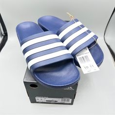 New In Box Never Been Used Blue Slides For Summer, Adidas Blue Open Toe Sandals, Adidas Blue Slip-on Sandals, Blue Adidas Slides For The Beach, Adidas Blue Slides For Beach, Adidas Blue Synthetic Sandals, Blue Adidas Slides For Beach, Blue Adidas Synthetic Slides, Adidas Blue Synthetic Slides