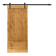 an open wooden sliding door with black metal bars on the top and bottom, against a white background