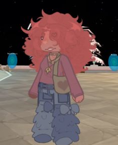 an animated girl with red hair standing in the middle of a courtyard at night time