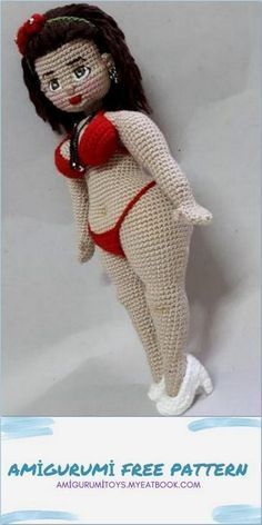 a crocheted doll is wearing a red and white bathing suit, with the words amigurmi free pattern below it