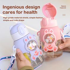 two children's bottles with the words ingenious design cares for health