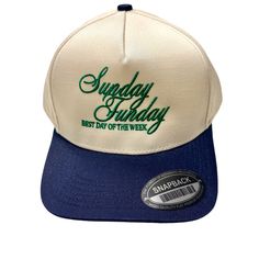 Celebrate your weekends with the Sunday Funday Trucker Hat. Featuring a fun, relaxed design, it’s perfect for adding a cheerful touch to your casual, laid-back look. Ideal for making the most of your Sunday adventures. Shop more Hats White, navy and green Vintage inspired Green puff embroidery Trendy Green 5-panel Hat, Trendy Green 5-panel Snapback Hat, Puff Embroidery, White Jumpsuit Dress, Slides Slippers, Green Vintage, Scarf Hat, Slipper Socks, Beach Accessories