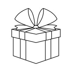 a black and white drawing of a gift box with a bow on it's top