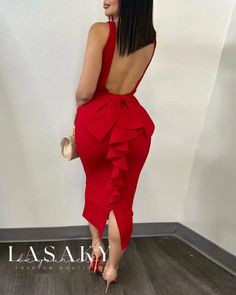 Lasaky - Sophisticated Backless Party Dress with Plunge Neckline and Ruffle Hem Spring Party Backless Dress With Ruffles, Elegant V-neck Backless Party Dress, Backless Evening Midi Dress With Ruffles, Backless Ruffled Dress For Party, Evening Backless Midi Dress With Ruffles, Elegant Backless V-neck Dress With Ruffles, Flirty Ruffled Backless Dress For Party, Flirty Ruffled Backless Party Dress, Elegant V-neck Backless Dress With Ruffles