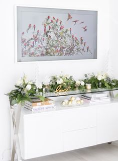 a white table topped with flowers and candles