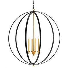 an orb chandelier with three candles hanging from the center and two black rings on each end