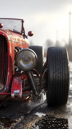 an old red car is parked on the side of the road with its front wheels still attached