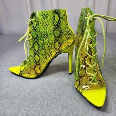 New Cape Robbin Translucent Neon Yellow Lime Snake Print Open Toe With Lace Up Front 4.25" (Approx) Stiletto Heel Cushioned Insoles Lime Green Heels For Spring Party, Yellow High Heel Party Shoes, Lime Green Open Toe Party Heels, Lime Green Open Toe Heels For Party, Neon High Heels For Party, Summer Yellow Ankle-high Heels, Neon Yellow Party Heels, Neon Yellow Pointed Toe Heels For Party, Trendy Green Ankle-high Heels