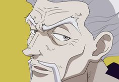 an anime character with white hair and blue eyes looking to his left, in front of a yellow background