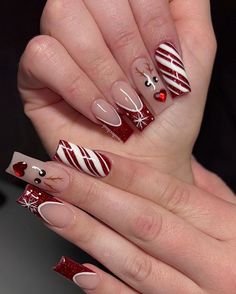 Red Christmas Nail Designs Acrylic, Coffin Christmas Nail Designs, Reindeer Nails Designs, Short Red Christmas Nails, Short Christmas Acrylic Nails, Rudolf Nails, Christmas Nails Reindeer, Reindeer Christmas Nails, Rudolph Nails