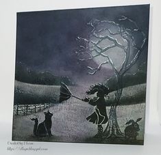 a black and white painting of a girl holding an umbrella next to a cat under a tree