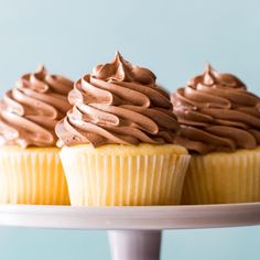 three cupcakes with chocolate frosting on a cake stand